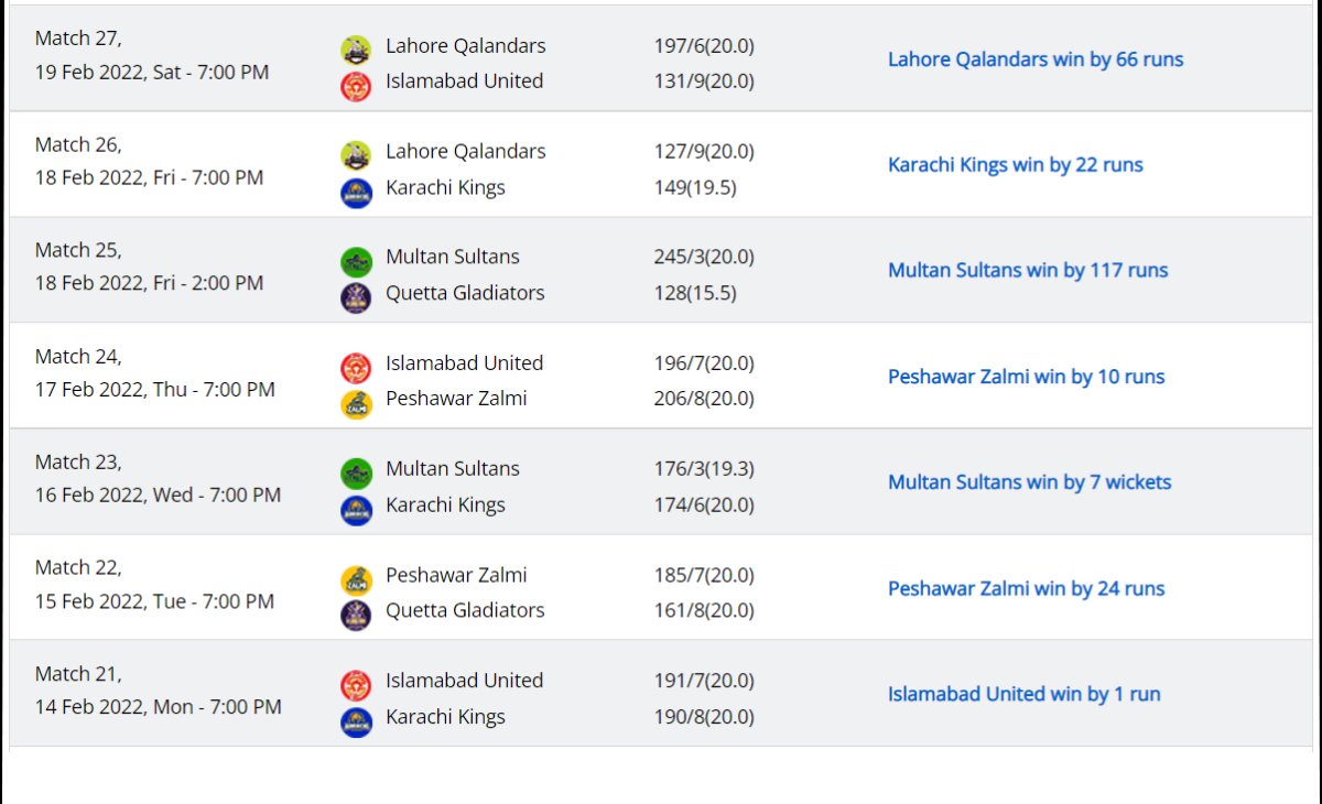 PSL 2022 Schedule