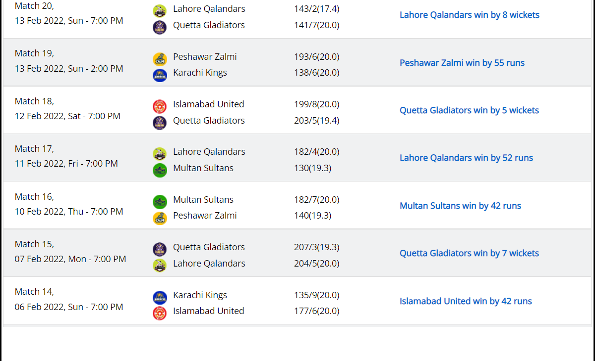 PSL 2022 Schedule