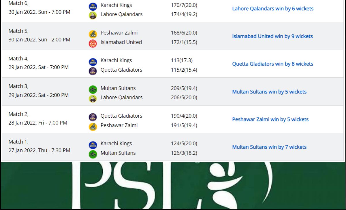 PSL 2022 Schedule