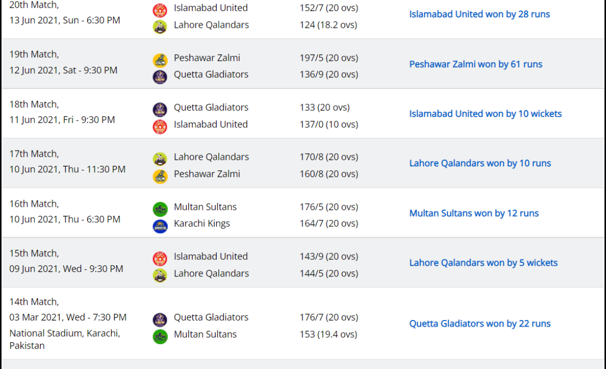 PSL 2021 Schedule