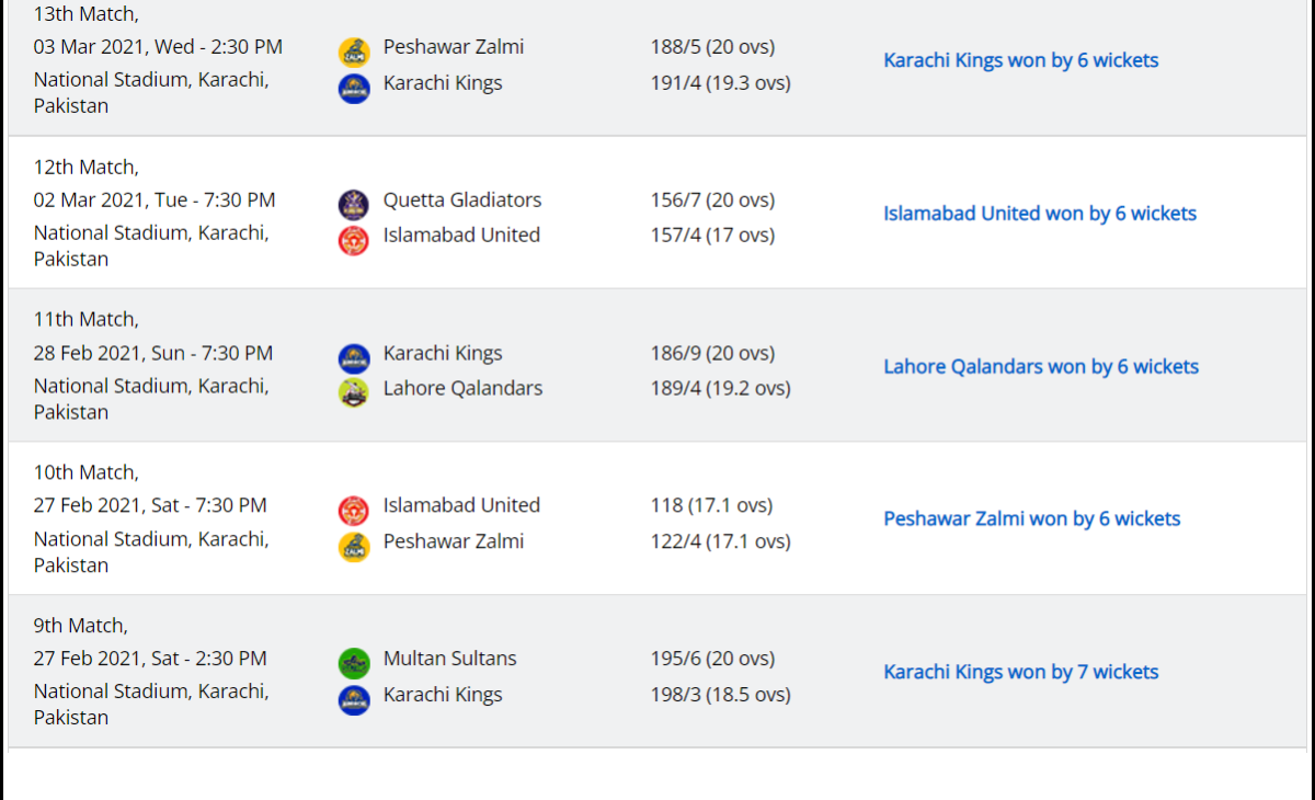 PSL 2021 Schedule