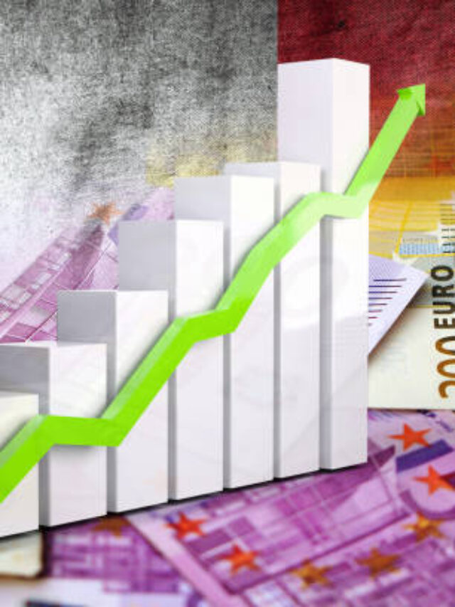 Economy chart: Rising Arrow, France Flag and Euro Banknotes